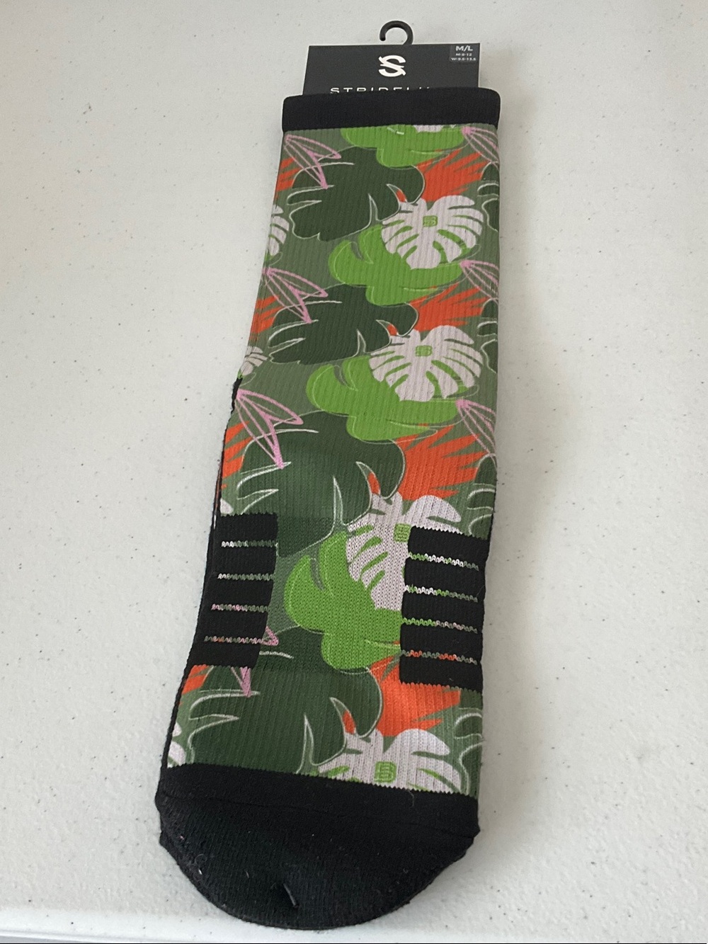 Sideline Tropical Leaf Crew Socks with Black Toe & Cuff